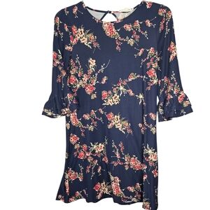 Pink Rose Navy Floral Ruffle Sleeve Dress Size Medium